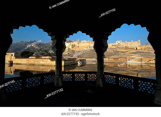 Looking out of archways to Amber Fort; Amer, Jaipur, India