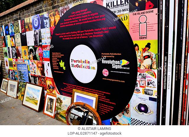 England, London, Notting Hill. Portobello ReCollection wall decorated as classic vinyl record album covers in Portobello Road