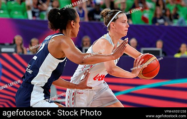 France's Marieme Badiane and Belgium's Antonia Delaere fight for the ball during a basketball game between Belgian national women's team 'the Belgian Cats' and...