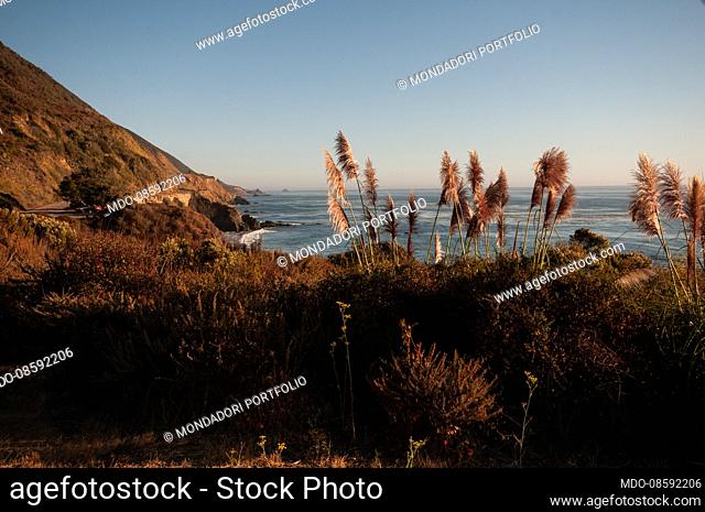 A beautiful sunset view of Big Sur, the region of California's central coast that stretches for about 110 km between Carmel-by-the-Sea to the north and San...