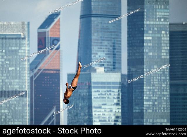 RUSSIA, MOSCOW - AUGUST 27, 2023: Mexico's Sergio Guzman competes in a high diving event at the Open Water water sports festival at the Moskva Rowing Canal