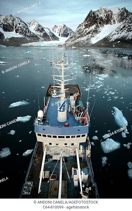 On board Norwegian Polar Institute 'RV Lance' research ship for climate change investigations. Spitsbergen island, Svalbard archipelago, Arctic Ocean, Norway