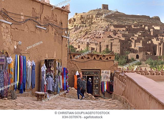 tourist shops on the opposite bank of Ksar of Ait-Ben-Haddou, Ounila River valley, Ouarzazate Province, region of Draa-Tafilalet, Morocco, North West Africa