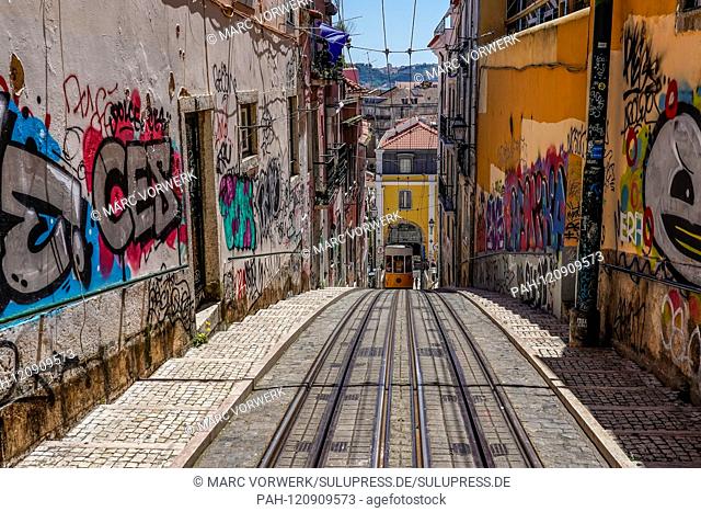 14.05.2019, Lisbon, capital of Portugal on the Iberian Peninsula in the spring of 2019. The Elevador da Bica or Ascensor da Bica is one of three funicular...