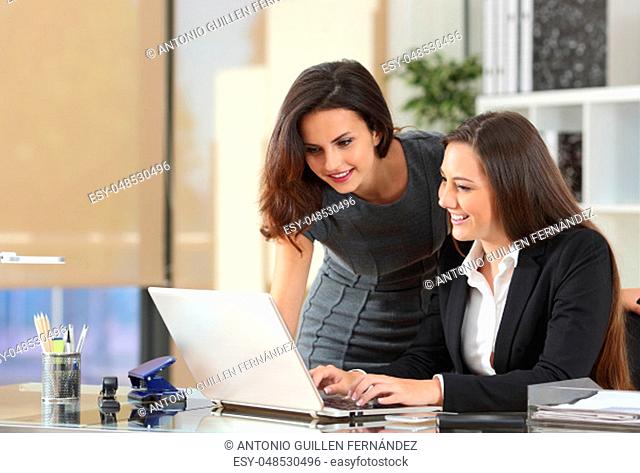 Two happy businesswomen coworking with a laptop in a desktop at office