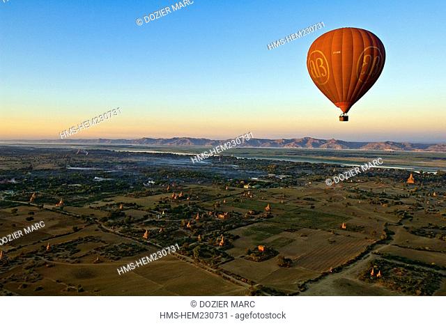 Myanmar Burma, Mandalay Division, Bagan, overview of the former historic capital aboard a hot air balloon from Balloonscompany , flying over Bagan aerial view