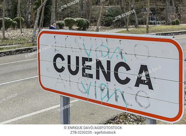 Sign at the entrance of the city of Cuenca, Castile-La Mancha, Spain