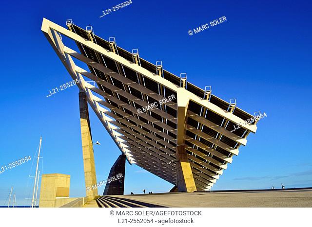 Photovoltaic pergola, Giant solar panel. Forum Park , Diagonal Mar, Barcelona, Catalonia, Spain