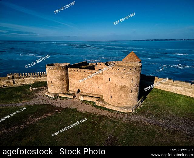 Aerial view of the Akkerman fortress in Belgorod-Dniester, Ukraine in winter, One of the largest fortresses in Eastern Europe