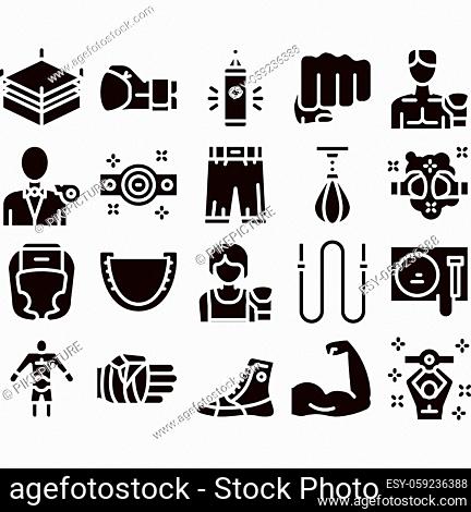 Boxing Sport Tool Glyph Set Vector Thin Line. Boxing Glove And Shirts, Protection Helmet And Mouth Piece, Ring And Box Award Glyph Pictograms Black...