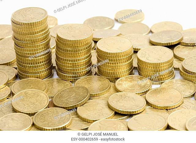 Macro of many coins cents Euro