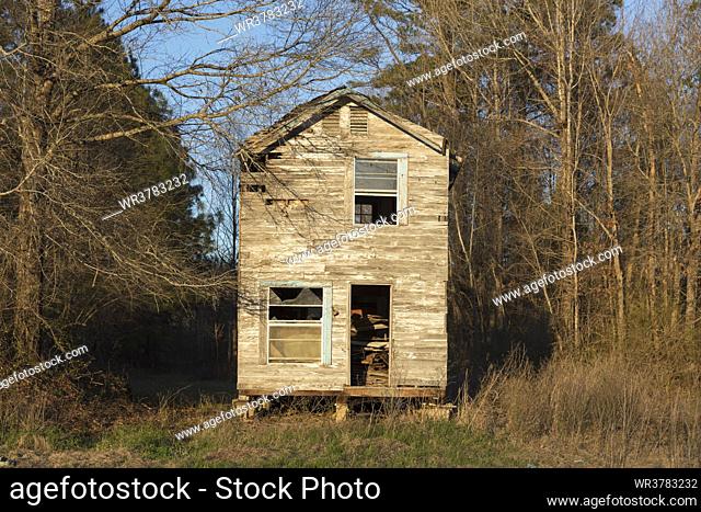 A rural homestead or small house abandoned and crumbling, overgrown with plants and shrubs