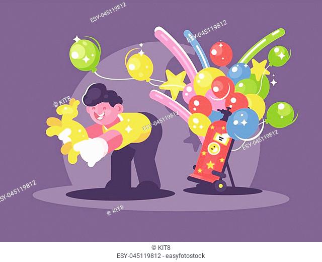 Seller of balloons with helium. Dealer of rubber balls. Vector illustration