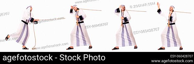 Arab man pulling rope in tug of war concept