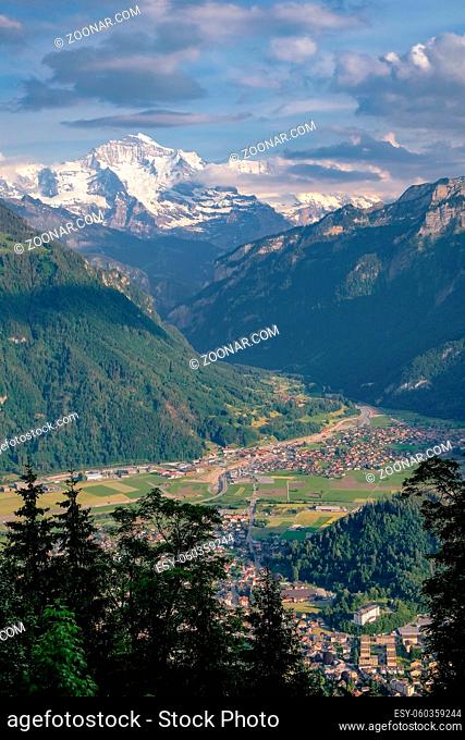 Aerial view of Interlaken and Swiss Alps from Harder Kulm View point, Jungfrau Region, Swiss Alps, Switzerland