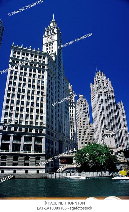 Downtown. Wrigley building. Tribune tower. Chicago river