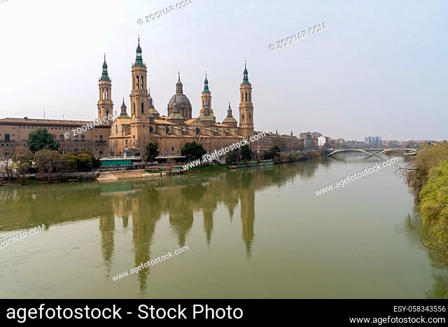 A view of the historic cathedral in Zaragoza and the Ebro River