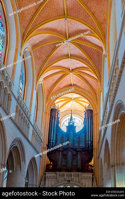 Quimper, Finistere / France - 23 August, 2019: interior view of the Cathedral of Saint Corentin, Quimper in Brittany with a view of the organ