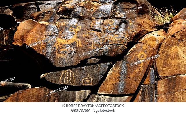 Indian petroglyphs appear in the Coso Range of Southern California, USA