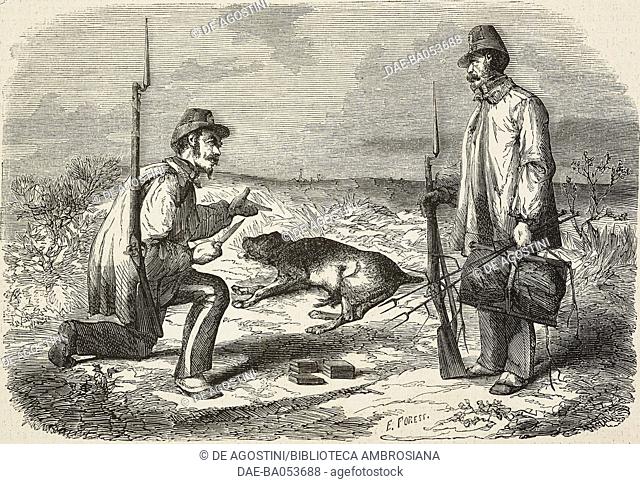 A customs officer cutting the paw off a smuggler's dog in order to get the prize, France, from a sketch by Lebrun, illustration from L'Illustration