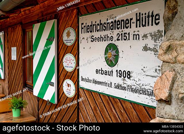 Europe, Austria, Tyrol, Verwall, Paznaun, Galtür, Friedrichshafener hut, hut sign of the Friedrichshafener hut