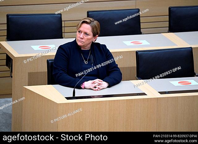 14 March 2021, Baden-Wuerttemberg, Stuttgart: Susanne Eisenmann, top candidate of the CDU, sits in the plenary hall after the first projections of the results...