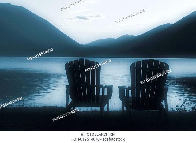lodge, chairs, crescent, lake, shore, adirondack