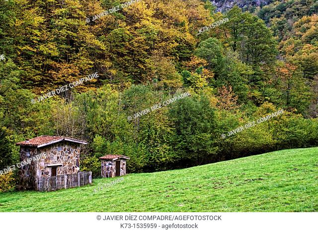 Cabins. Route of El Alba. Redes Natural Park and Biosphere Reserve. Soto de Agues. Sobrescobio Council. Asturias. Spain