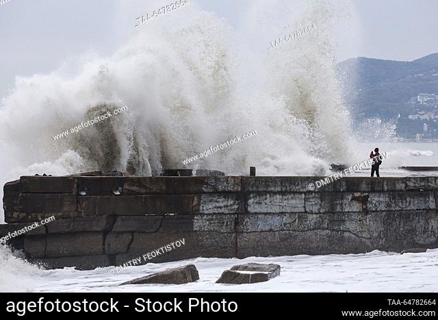 RUSSIA, SOCHI - NOVEMBER 13, 2023: Waves smash against the coast during a storm on the Black Sea, in the Adler neighbourhood. Dmitry Feoktistov/TASS