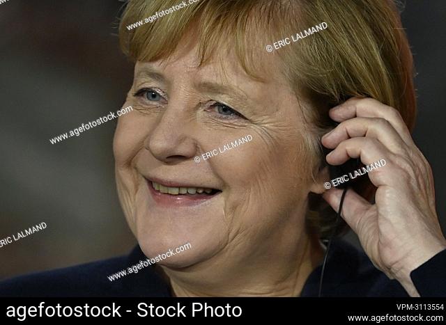 Chancellor of Germany Angela Merkel pictured during a press conference after a diplomatic meeting in Brussels, Friday 15 October 2021