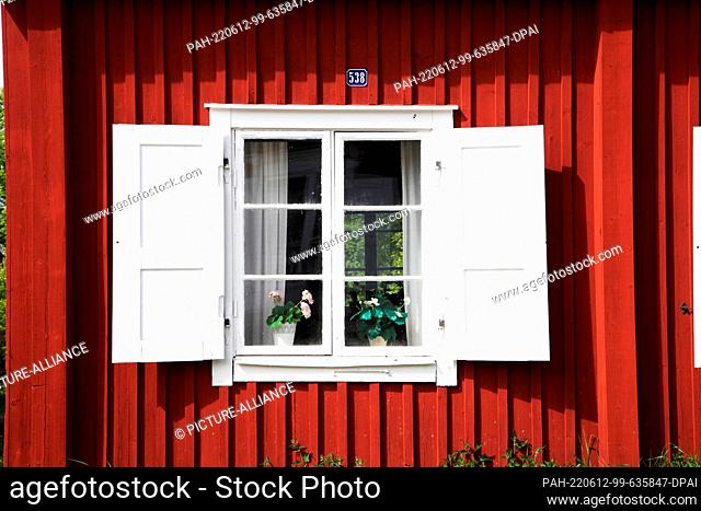 FILED - 08 June 2022, Sweden, Gammelstad: A window of a cottage in typical Swedish color - also called Swedish red or Falun red - in Gammelstad