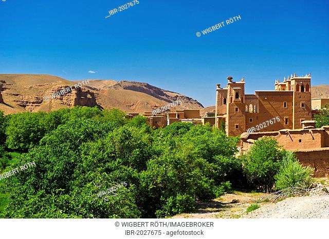 Kasbah, mud fortress, Tighremt, residential castle of the Berbers surrounded by trees, Dades Valley, High Atlas Mountains, southern Morocco, Morocco, Africa