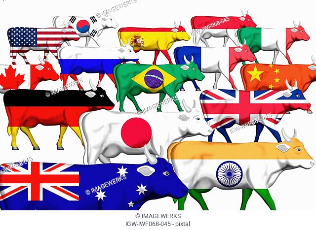Cows featuring the national flags, illustration