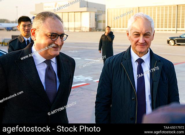 CHINA, BEIJING - NOVEMBER 20, 2023: Russia's First Deputy Prime Minister Andrei Belousov (R) and Russia's Ambassador to China Igor Morgulov are seen at an...