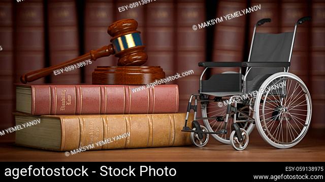 Disability law and social services for disabled people concept. Wheelchair and gavel. 3d illustration