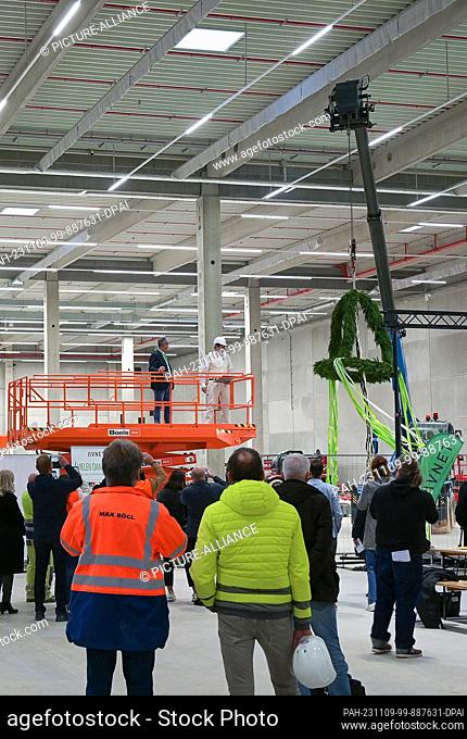 09 November 2023, Saxony-Anhalt, Bernburg: The topping-out crown is raised at the topping-out ceremony in a hall under construction for the major relocation of...