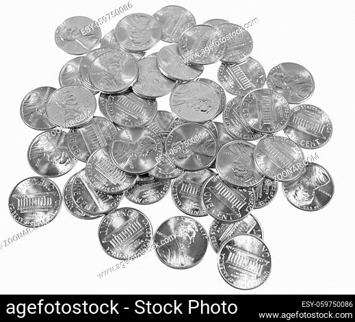 Dollar coins 1 cent wheat penny cent currency of the United States isolated over white background in black and white