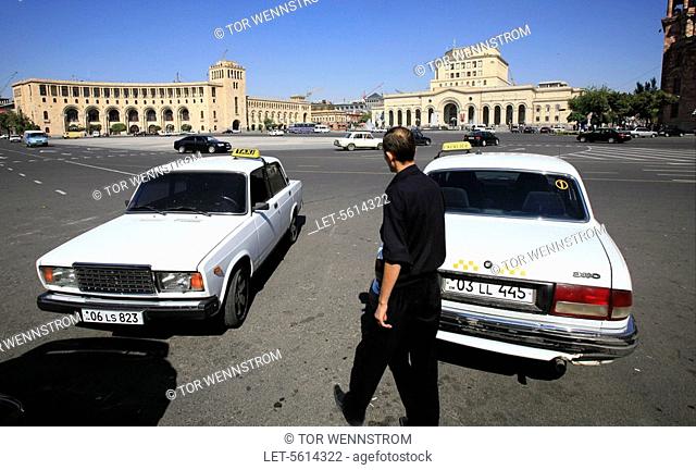 Taxi cabs at the Republic Square in Yerevan. Armenia