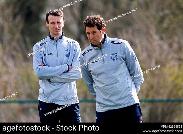Essevee's assistant coach Davy De Fauw and Essevee's interim head coach Frederik D'Hollander pictured during a training session of Belgian first division soccer...