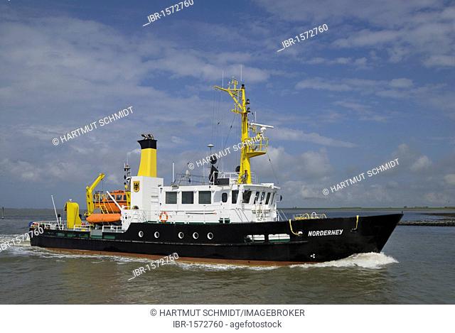 Norderney sounding vessel in motion in front of Norddeich, special ship for surveying the navigable water in the Wadden Sea, Lower Saxony, Germany, Europe
