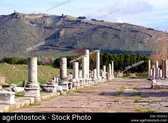 Marble street and acropolis in Bergama, Turkey