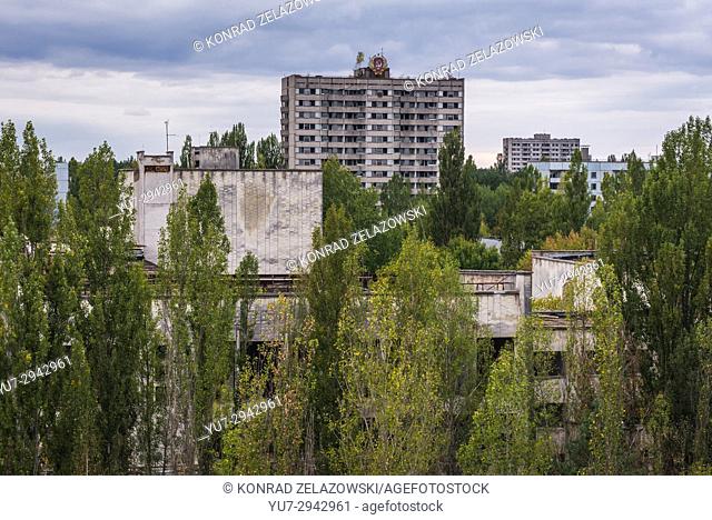 Buildings in Pripyat ghost city of Chernobyl Nuclear Power Plant Zone of Alienation around nuclear reactor disaster in Ukraine