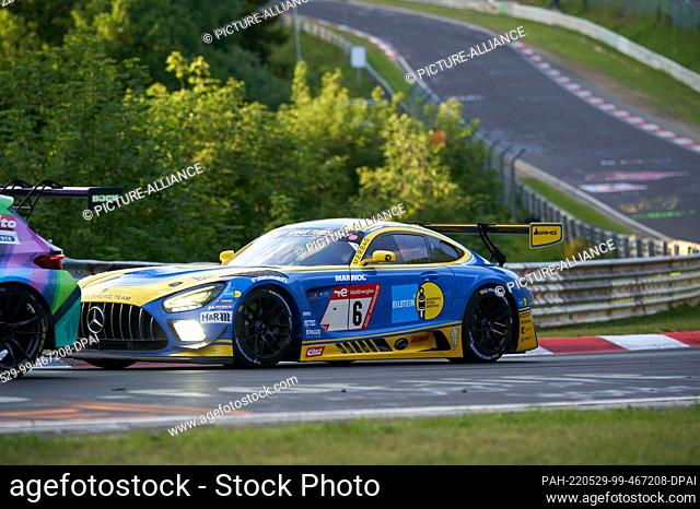 28 May 2022, Rhineland-Palatinate, Nürburg: Motorsport: 24-hour race at the Nürburgring: The AMG Team Bilstein Mercedes AMG GT3 driven by Nico Bastian