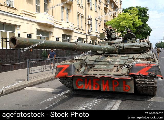 RUSSIA, ROSTOV-ON-DON - JUNE 24, 2023: A tank manned by PMC Wagner fighters is seen at the headquarters of the Russian Army Southern Military District