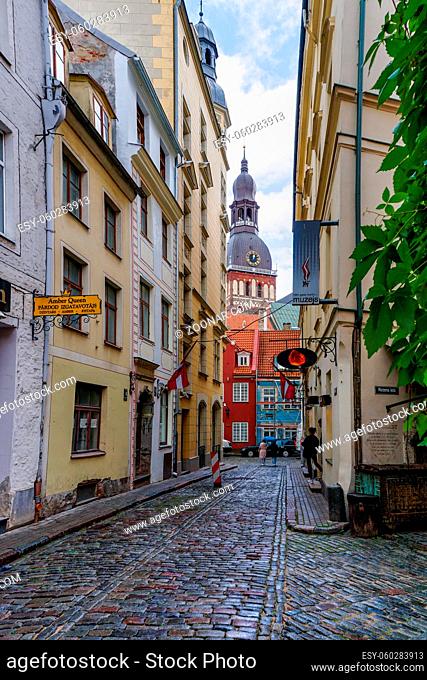 Riga, Latvia - 19 August, 2021: colorful buildings in the historic city center of Riga