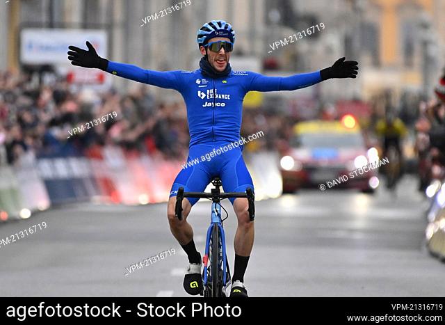 Britain's Simon Yates of BikeExchange-Jayco celebrates as he crosses the finish line of stage eight, the final stage of the 80th edition of the Paris-Nice...
