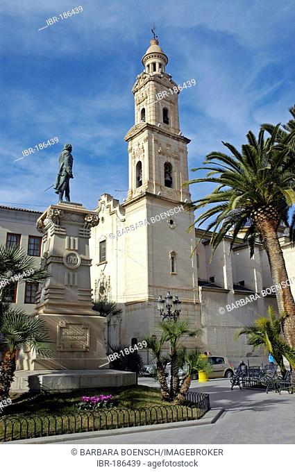 Main square, church San Pedro, monument Jorge, Novelda, Alicante, Costa Blanca, Spain