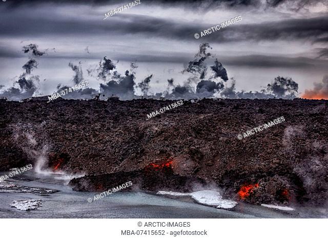Aerial view of lava and steam. August 29, 2014 a fissure eruption started in Holuhraun at the northern end of a magma intrusion