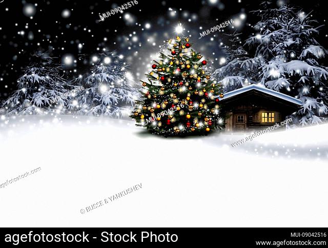 Ski hut with Christmas tree at night