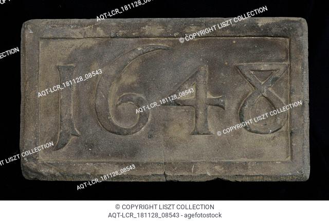 Facing brick with date 1648, facing brick foundation stone building component sandstone stone, minced rectangular frame and year in high relief